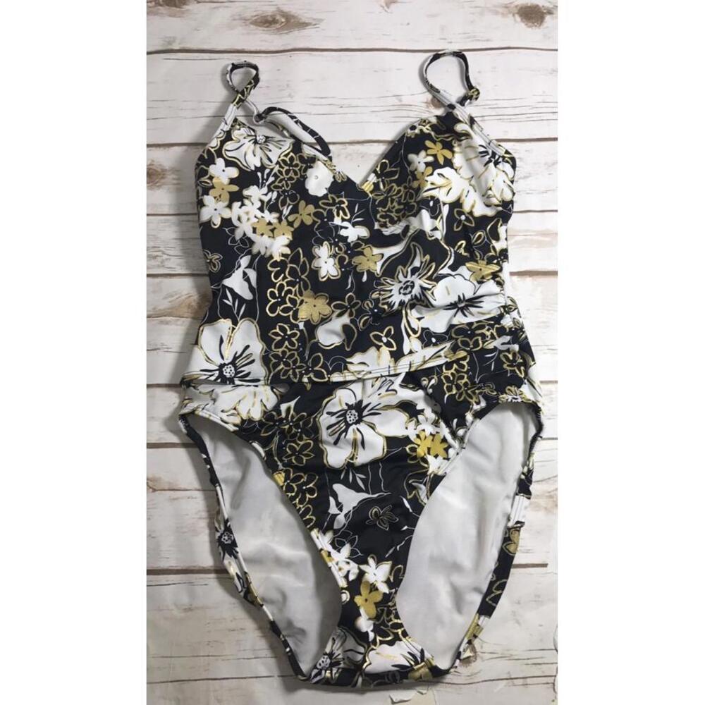 Shape Fx One Piece Swim Suit Size 12 Black White Gold Built In Bra Beach Resort